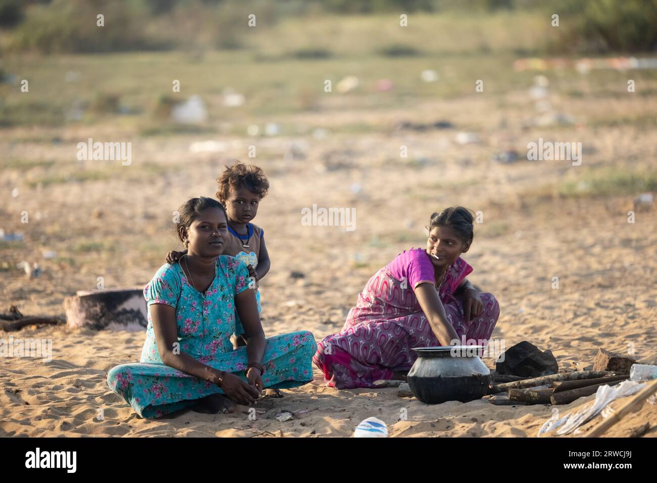 February 14, 2023, Chennai city, India: Nomadic people of India in their traditional clothes, against the backdrop of their place of residence. High q Stock Photo