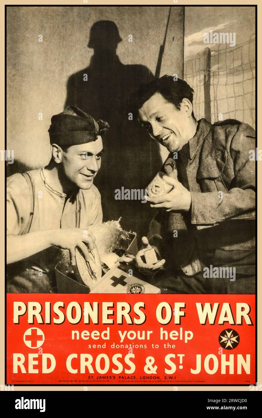 RED CROSS PRISONERS OF WAR WW2 vintage World War Two UK propaganda poster - “Prisoners of War need your help”. “Send donations to the Red Cross & St. John” - featuring a photograph of smiling prisoner soldiers opening a care package with tinned food, with a silhouette of a Nazi Germany armed soldier wearing a German Wehrmacht helmet, by internment camp barbed wire. Printed by Lowe And Brydone Printers issued by Red Cross and St John Fund.UK 1940s. Stock Photo