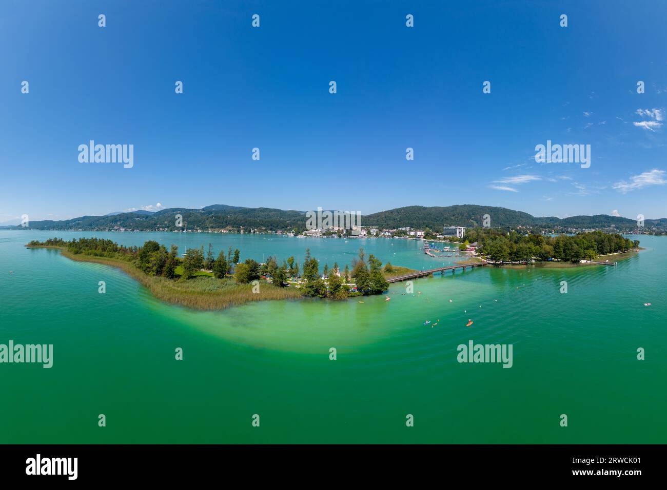 Lake Wörthersee close to Pörtschach in Carinthia. Aerial view of the famous touristic destination in the South of Austria. Stock Photo