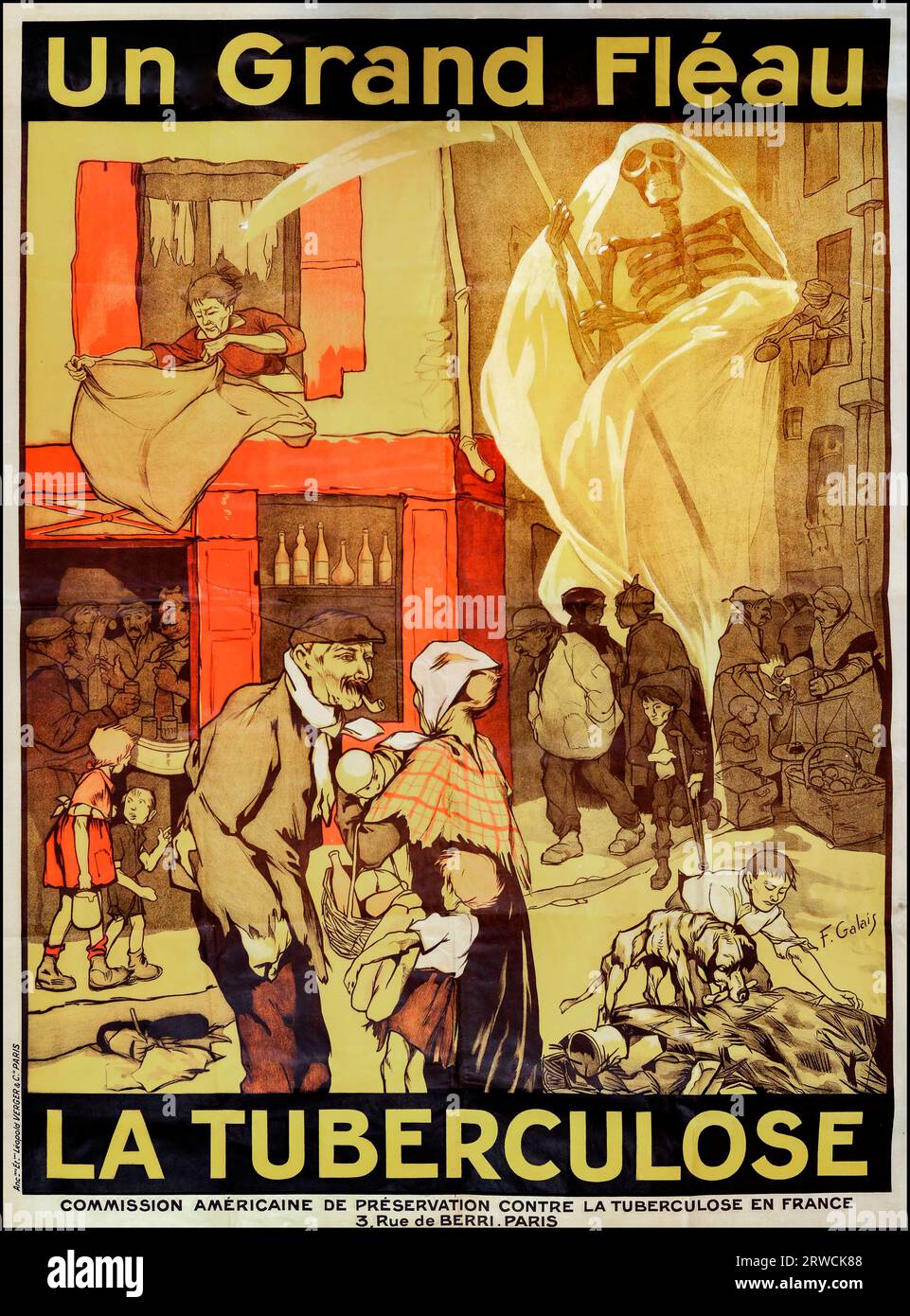 Un Grand Fleau La Tuberculose 1900s French health propaganda poster - Tuberculosis A Great Plague / Un Grand Fleau La Tuberculose - featuring an illustration of famished men, women and disabled children in scruffy clothes, a boy and his dog scavaging through rubbish, street sellers in the market, people in the pub, and a large silhouette of grim reaper holding a scythe in its bony hands. Issued by American Tuberculosis Preservation Commission in France / Commission Americaine de Preservation Contre la Tuberculose en France. Printed by Leopold Verger & Cie, Paris. c1917 Stock Photo