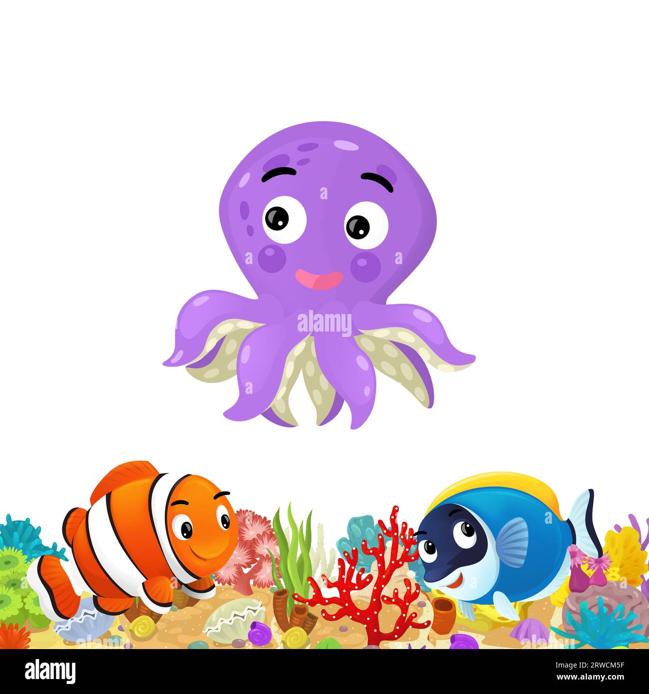 cartoon scene with coral reef and happy fishes swimming near isolated illustration for kids Stock Photo