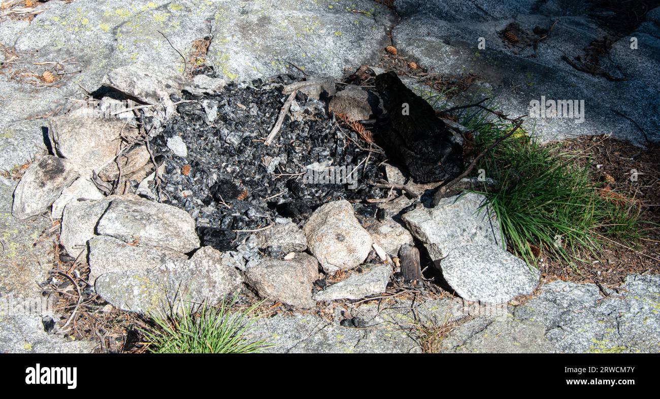 Illegal campfire ring in US National Forest Stock Photo