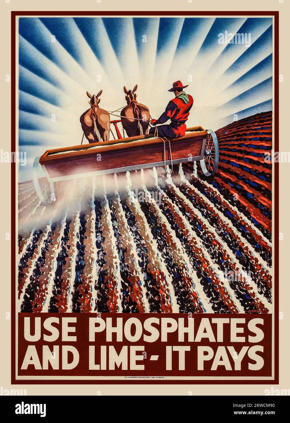WW2 USA Agriculture Propaganda Food Output Production Poster 'USE PHOSPHATES AND LIME-IT PAYS 1944 World War II Stock Photo