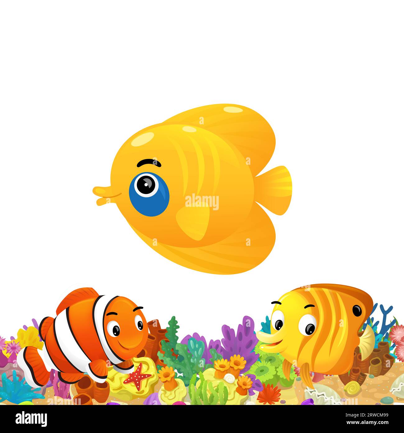 cartoon scene with coral reef and happy fishes swimming near isolated illustration for kids Stock Photo