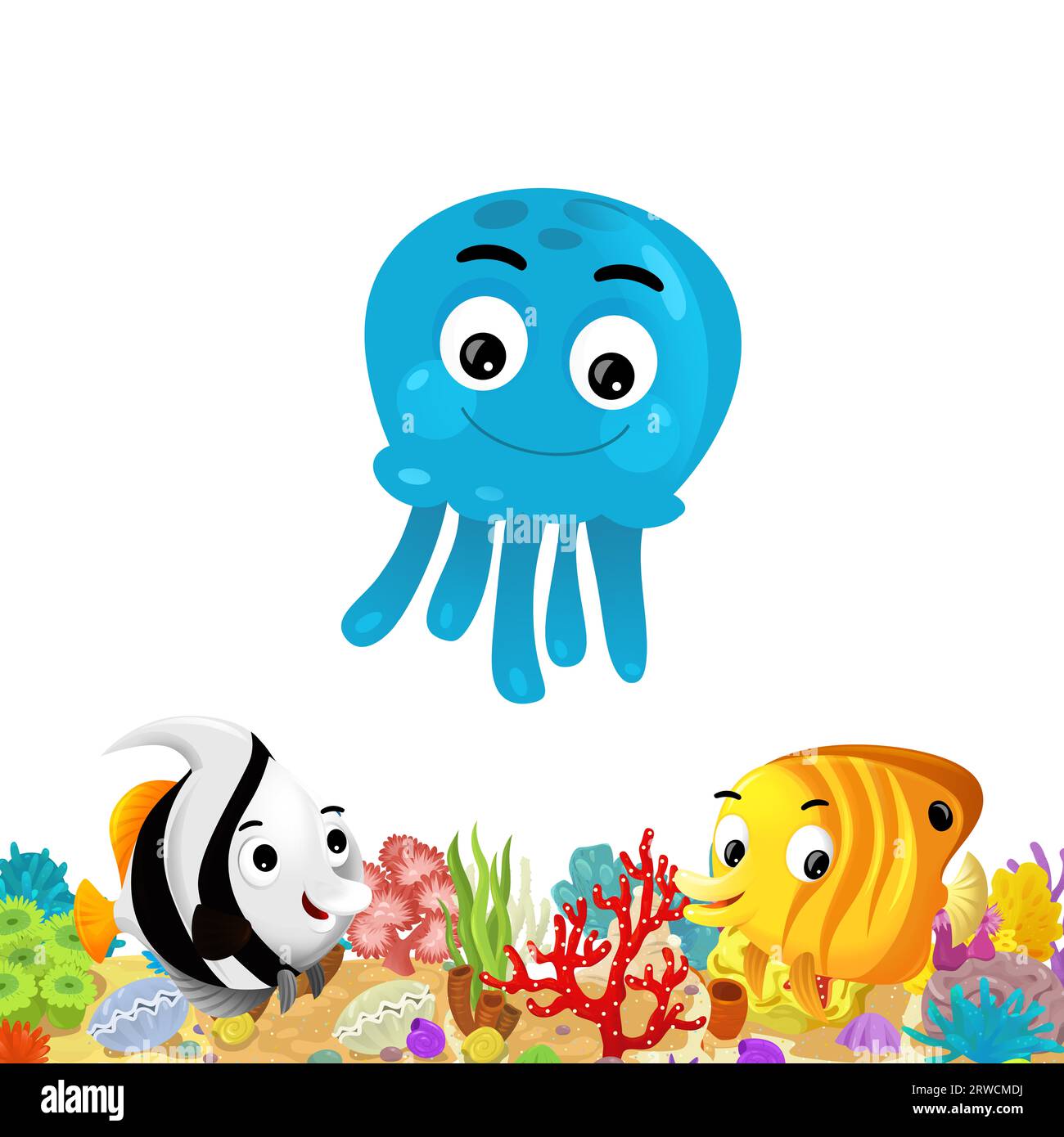 cartoon scene with coral reef and happy fishes swimming near isolated illustration for kids Stock Photo