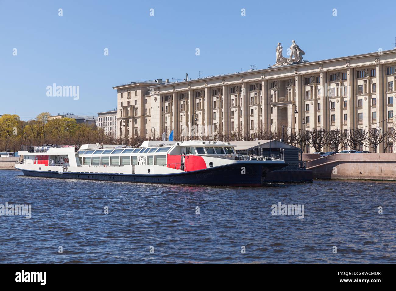 Floating restaurant moored at Petrovskaya embankment of the Neva River in Saint Peterburg, Russia Stock Photo