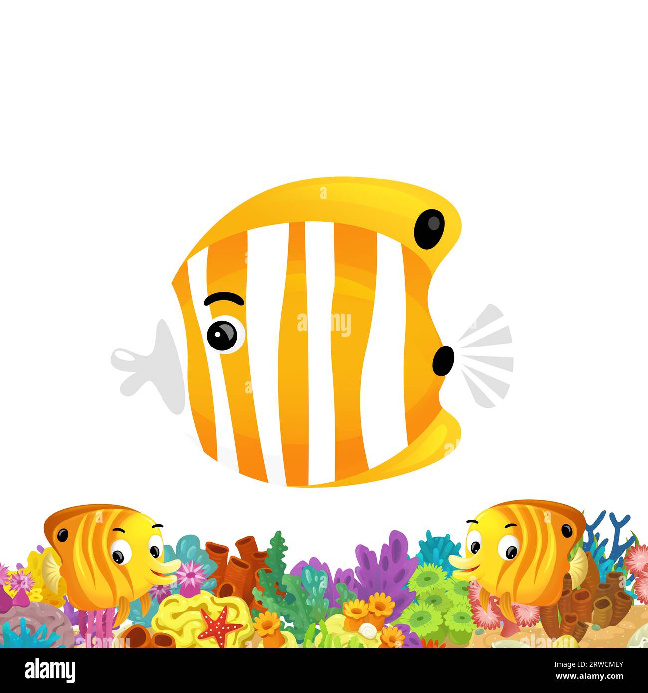 cartoon scene with coral reef and happy fishes swimming near isolated illustration for kids Stock Photo