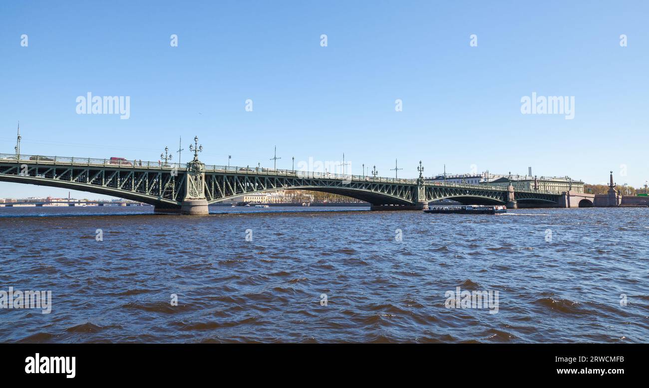 St.Petersburg cityscape on a sunny summer day. Trinity Bridge is a bascule bridge across the Neva in Saint Petersburg, Russia Stock Photo