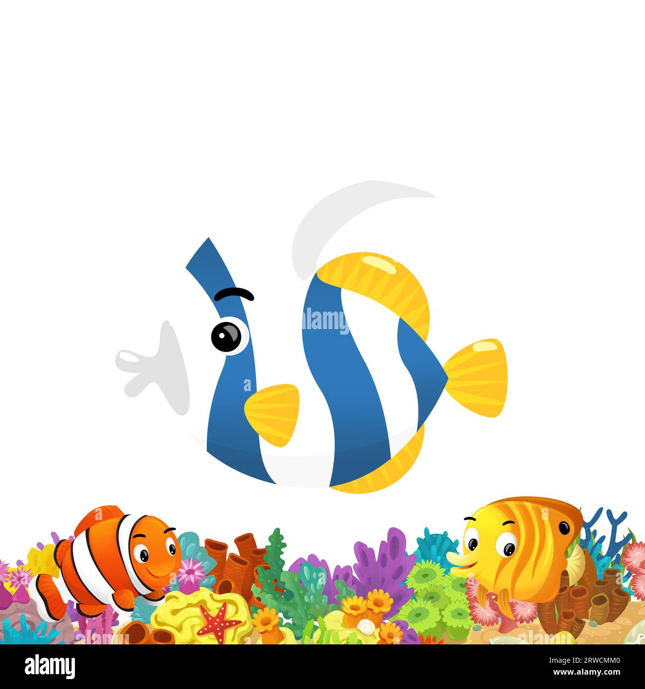 cartoon scene with coral reef and happy fishes swimming near isolated illustration for kids Stock Photo