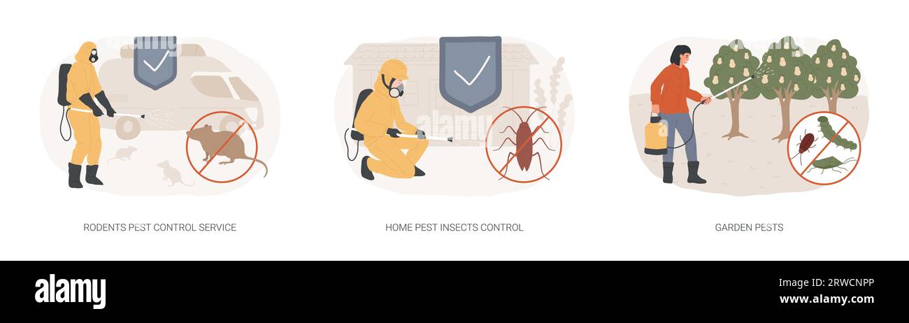 House and garden protection isolated concept vector illustration set. Rodents pest control service, home insects control, garden pests, rats trapping, vermin exterminator vector concept. Stock Vector