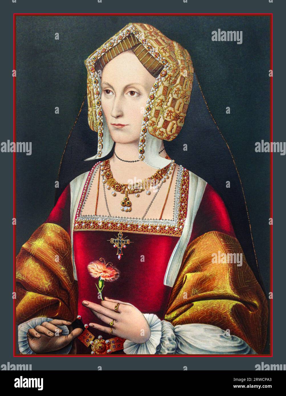 Joan de Beauchamp, Baroness Bergavenny (née FitzAlan; 1375 – 14 November 1435) was an English noblewoman, and the wife of William de Beauchamp, 1st Baron Bergavenny of the Welsh Marches. Portrait of Joan, Baroness Bergavenny; half length looking to left; wearing English gable hood, golde girdle, cross and embroidery decorated with her initials, and holding flower; from painting at Strawberry Hill. Coloured aquatint Stock Photo