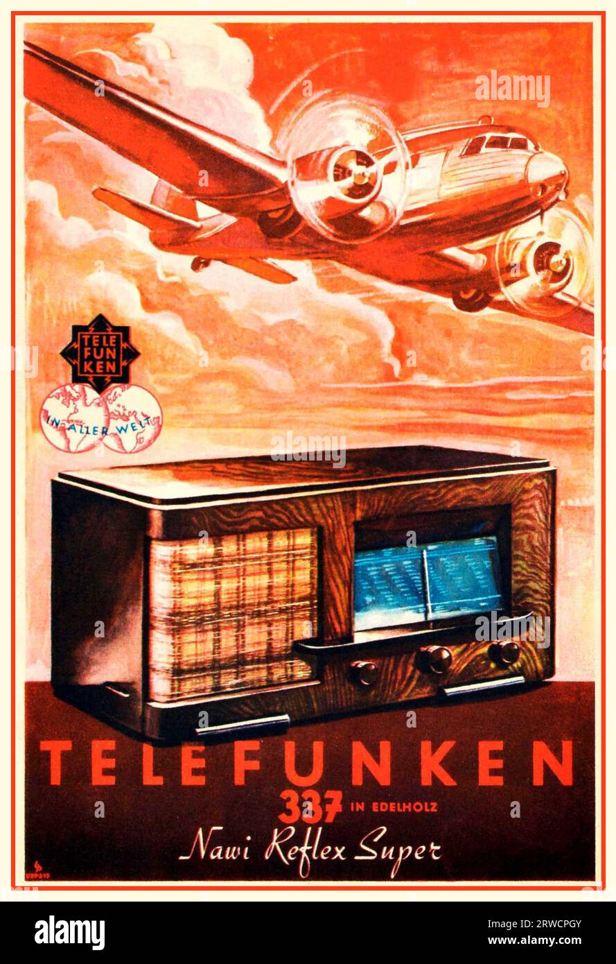 1930s Nazi Germany Radio Poster vintage advertising poster flyer for Telefunken 337 in Edelholz Nawi Reflex Super radio set with an illustration of a plane flying over the radio,  Nazi Germany,  1937. Stock Photo