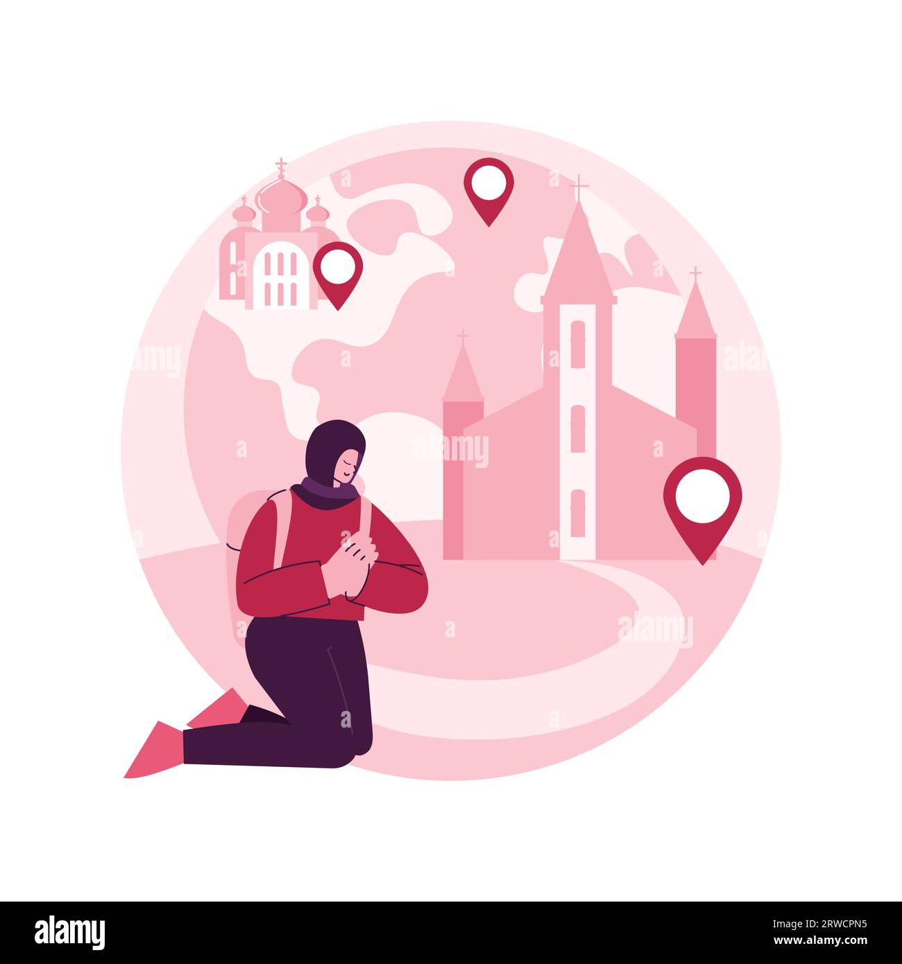 Christian pilgrimages abstract concept vector illustration. Go on pilgrimage, visit saint places, seeking god, christian nuns, monks in monastery, religious procession, prayer abstract metaphor. Stock Vector