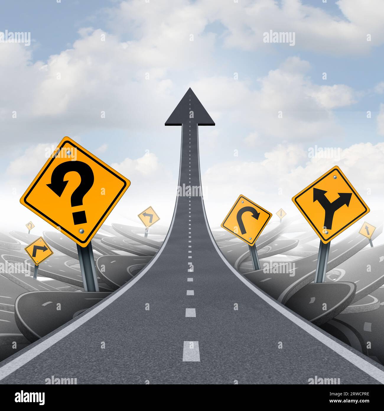 Direction strategy and solutions for business leadership symbol with a straight path to success as a journey choosing the right strategic path for bus Stock Photo