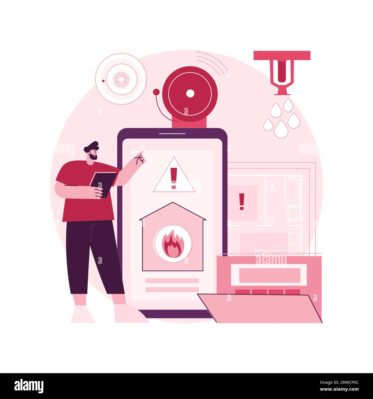 Fire alarm system abstract concept vector illustration. Fire alarm component, system installation, prevention method, smoke sensor, building protection project, emergency plan abstract metaphor. Stock Vector