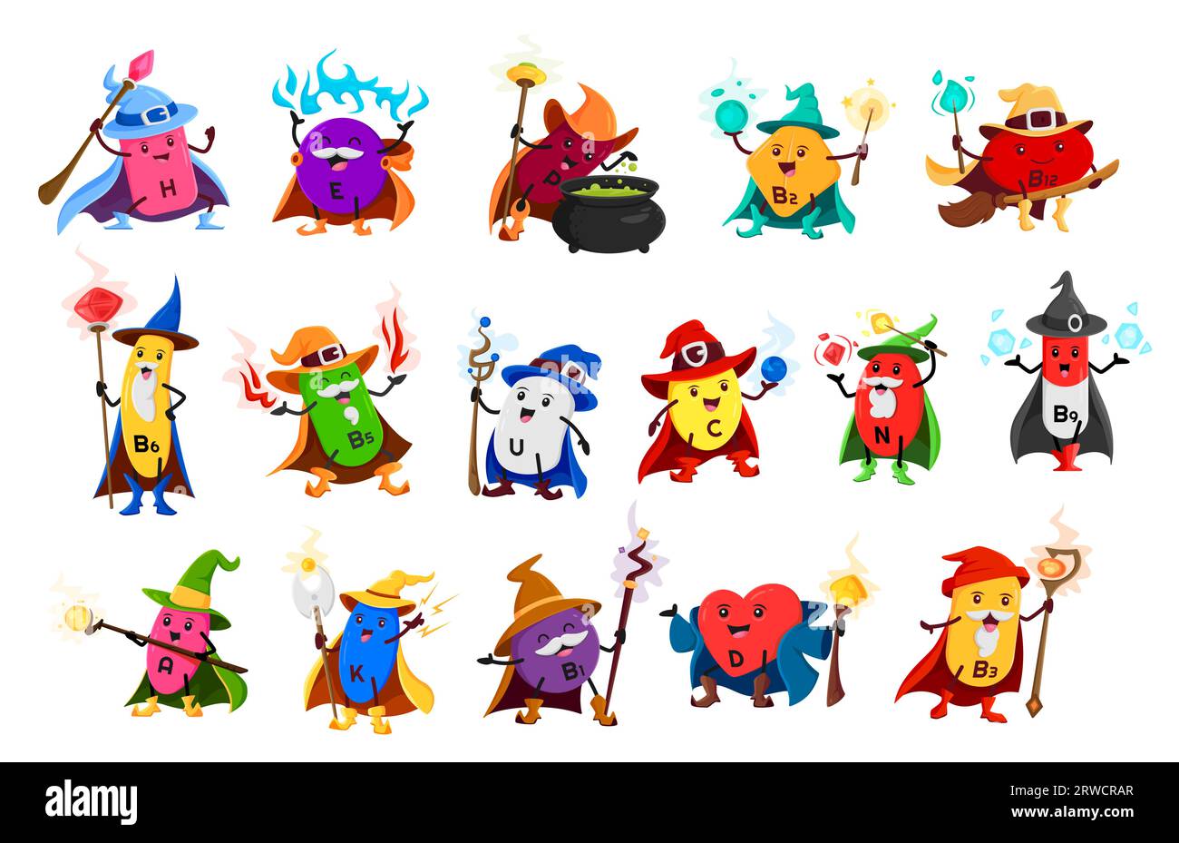 Cartoon vitamin and micronutrient wizards, mages, magicians and sorcerer characters. Vector U, C and E. P, N, B1, A and H with D, K and B9, B3 and B6 magician personages wear witch attire Stock Vector