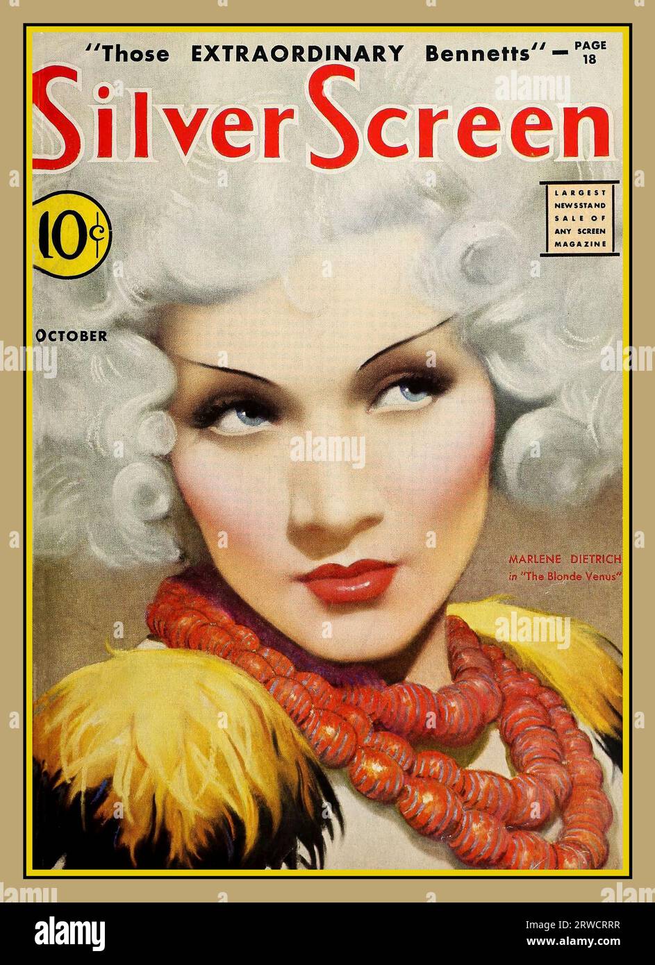 Marlene Dietrich 1930s colour Hollywood Magazine SILVER SCREEN with Marlene Dietrich on the front cover in the movie film 'The Blonde Venus' Hollywood USA Blonde Venus is a 1932 American pre-Code drama film starring Marlene Dietrich, Herbert Marshall and Cary Grant. It was produced, edited and directed by Josef von Sternberg from a screenplay by Jules Furthman and S. K. Lauren, adapted from a story by Furthman and von Sternberg. The original story 'Mother Love' was written by Dietrich herself. The musical score was by W. Franke Harling, John Leipold, Paul Marquardt and Oscar Potoker Stock Photo