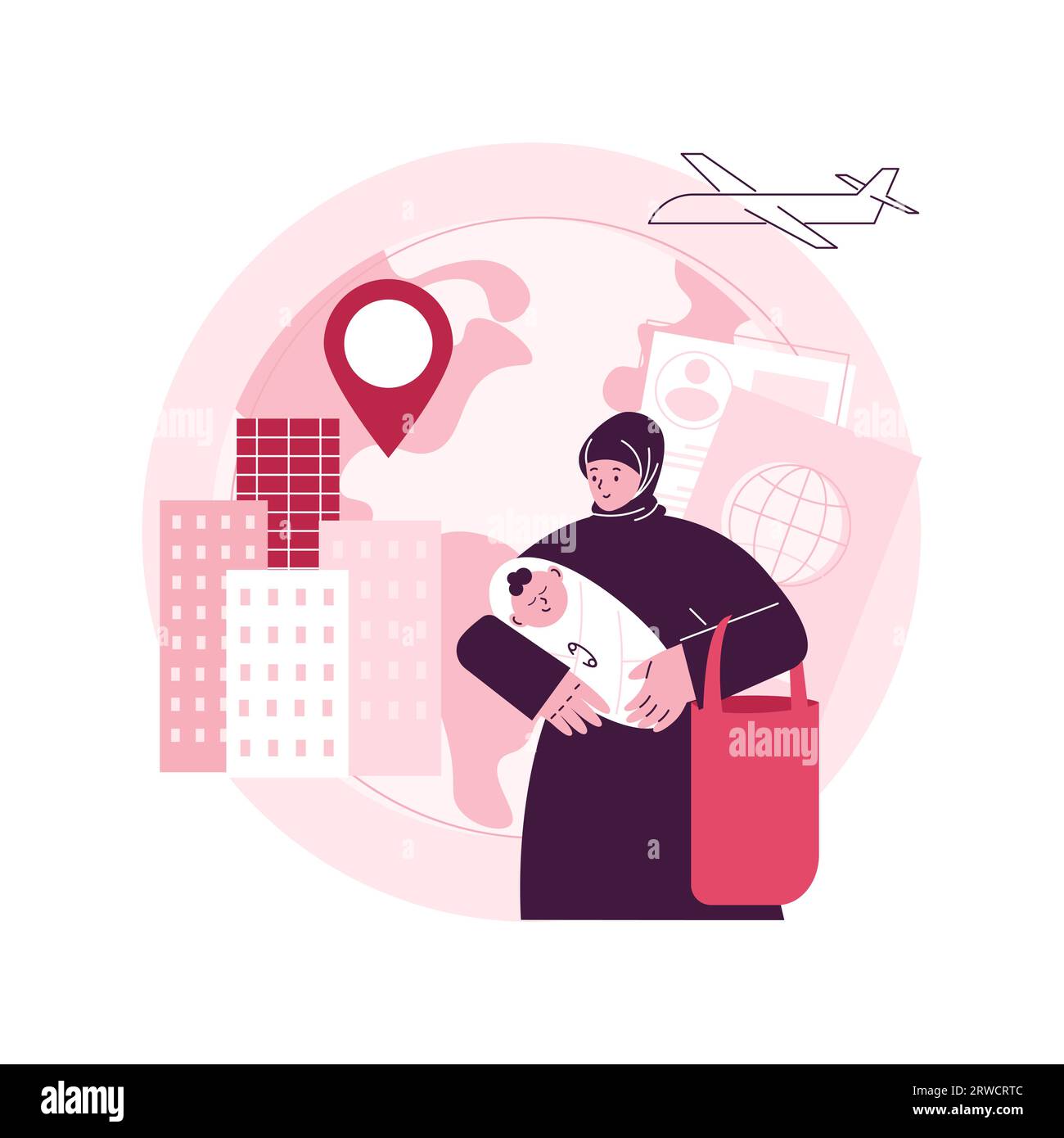 Female migrant abstract concept vector illustration. Female migrant worker, international marriage, philippine indian muslim woman, passport and documents, house cleaner, refugee abstract metaphor. Stock Vector