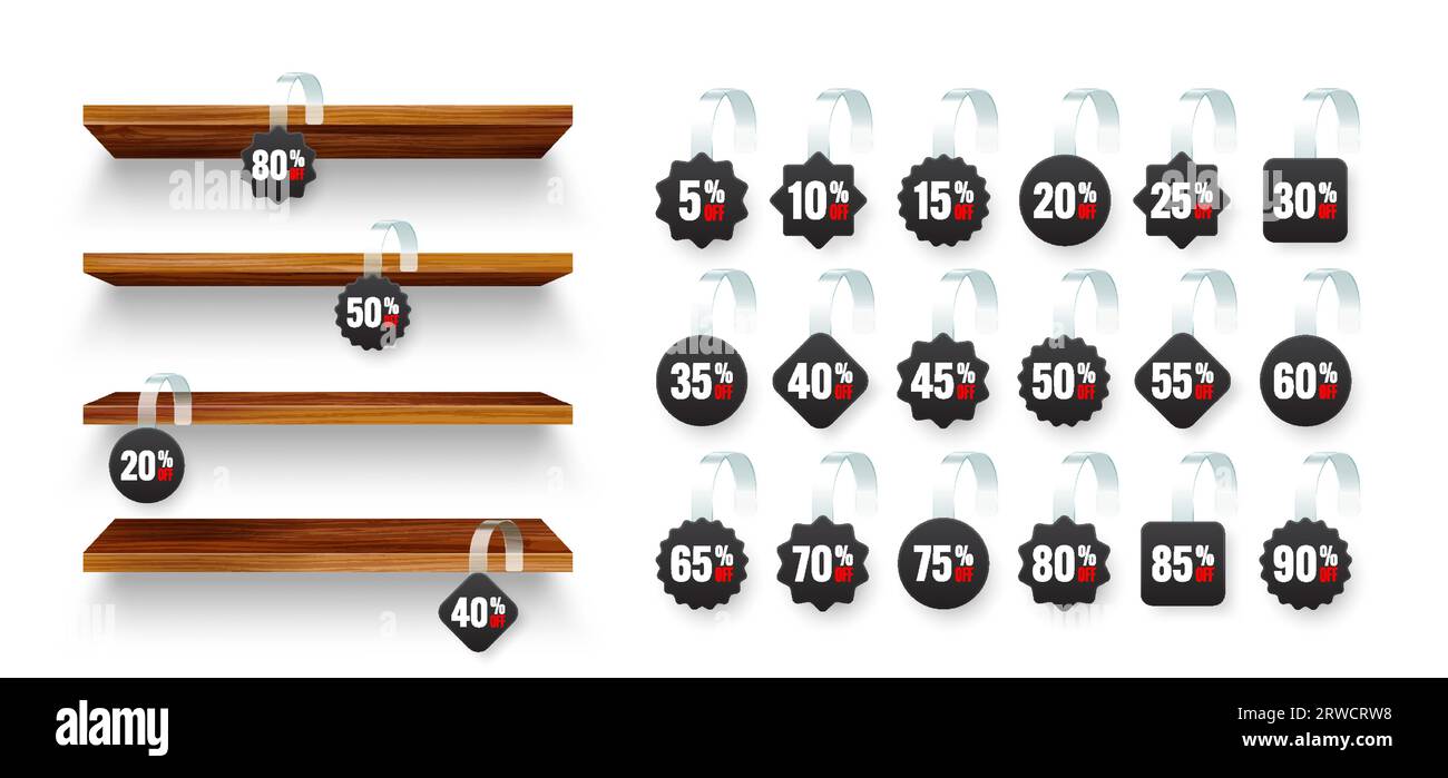 Store shelves with supermarket promotional wobblers. Wooden product