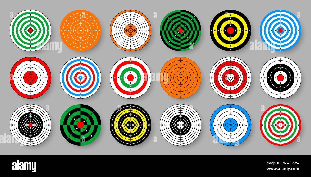 Shooting range paper targets. Round target with divisions, marks and numbers. Archery, gun shooting practise and training, sport competition and Stock Vector