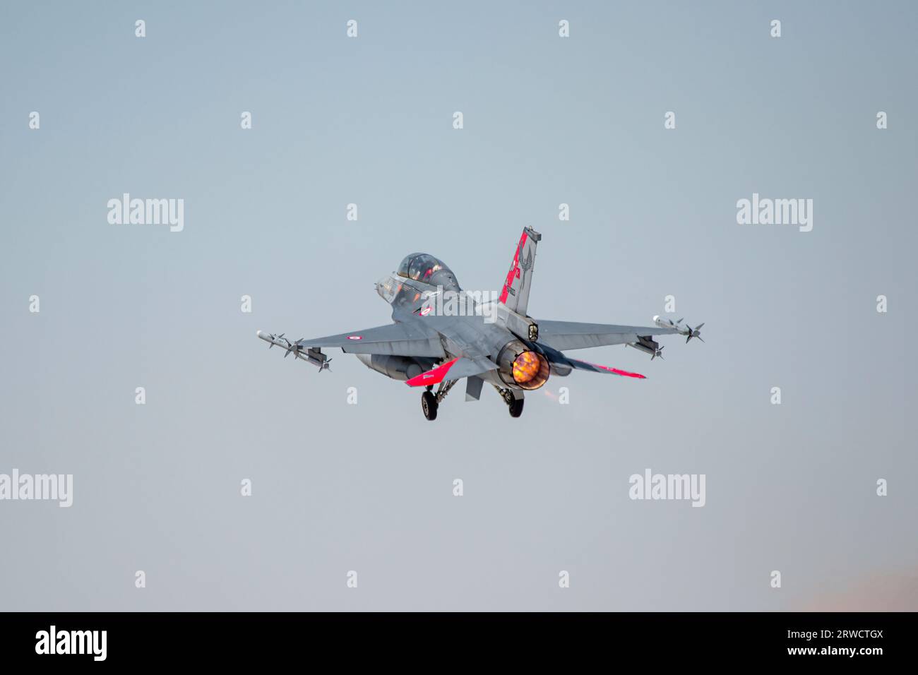 Konya, Turkey - 07 01 2021: Anatolian Eagle Air Force Exercise 2021 2 F16 fighter jets taxi in Turkey as Turkish Stars aerobatic team passes through t Stock Photo