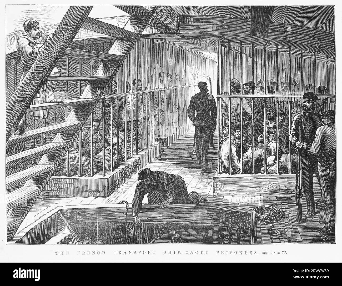 Communist French exiles in cages, on route to New Caledonia. by engraver. Samuel Calvert 1828-1913. May 20, 1873. Stock Photo
