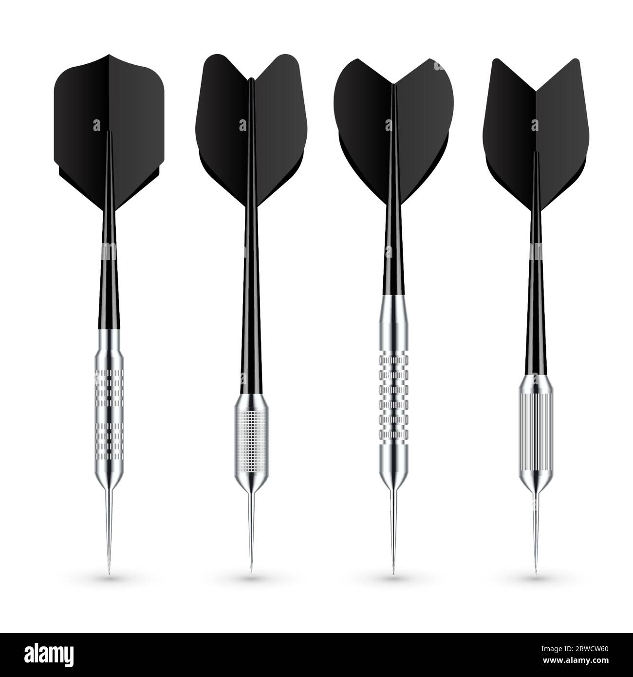 Black dart arrows with metal tip and shadow. Dart throwing sport game