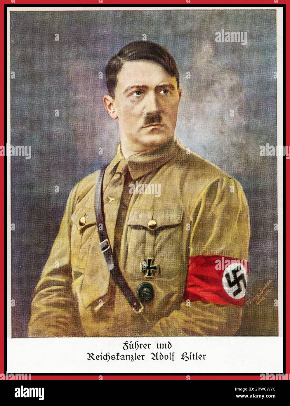 1930s Adolf Hitler Portrait in NSDAP uniform with Swastika armband as Fuhrer and Reichschancellor ( REICHSKANZLER) of Nazi Germany Stock Photo
