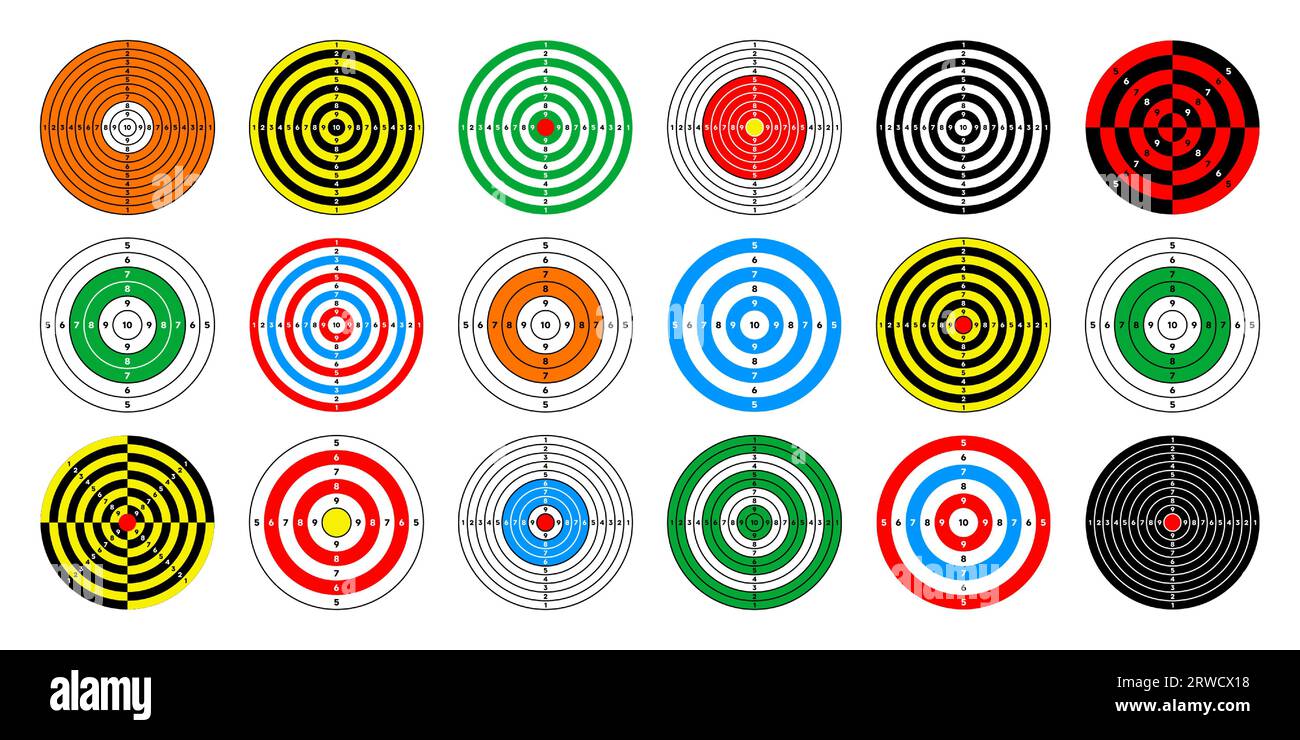 Shooting range paper targets. Round target with divisions, marks and numbers. Archery, gun shooting practise and training, sport competition and Stock Vector