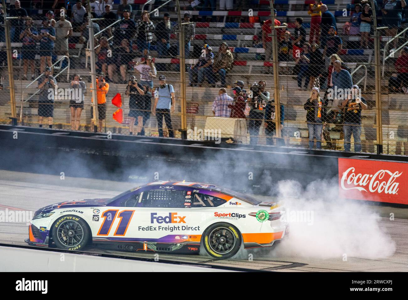 Bristol, TN, USA. 16th Sep, 2023. NASCAR Cup Series Driver Denny Hamlin (11) celebrates his win for the Bass Pro Shops Night Race at the Bristol Motor Speedway in Bristol TN. (Credit Image: © Logan T Arce Grindstone Media Gr/ASP) EDITORIAL USAGE ONLY! Not for Commercial USAGE! Stock Photo