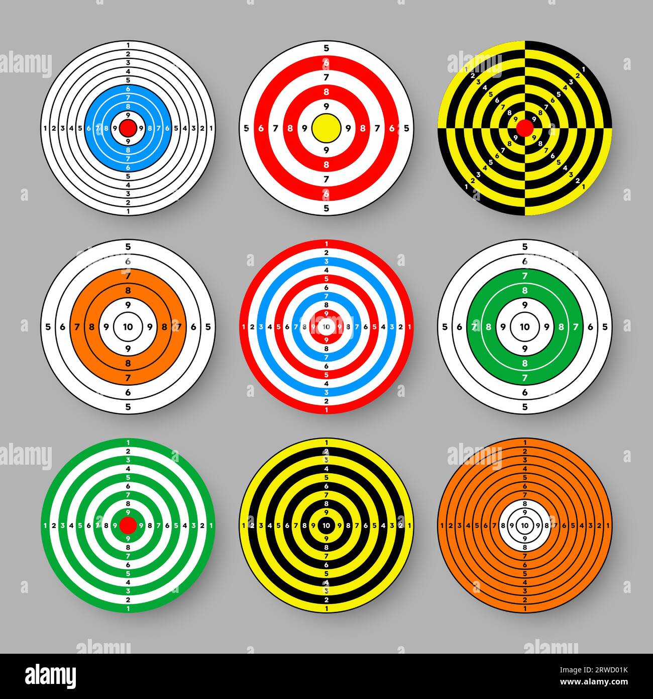 Shooting range paper targets. Round target with divisions, marks and numbers. Archery, gun shooting practise and training, sport competition and Stock Vector