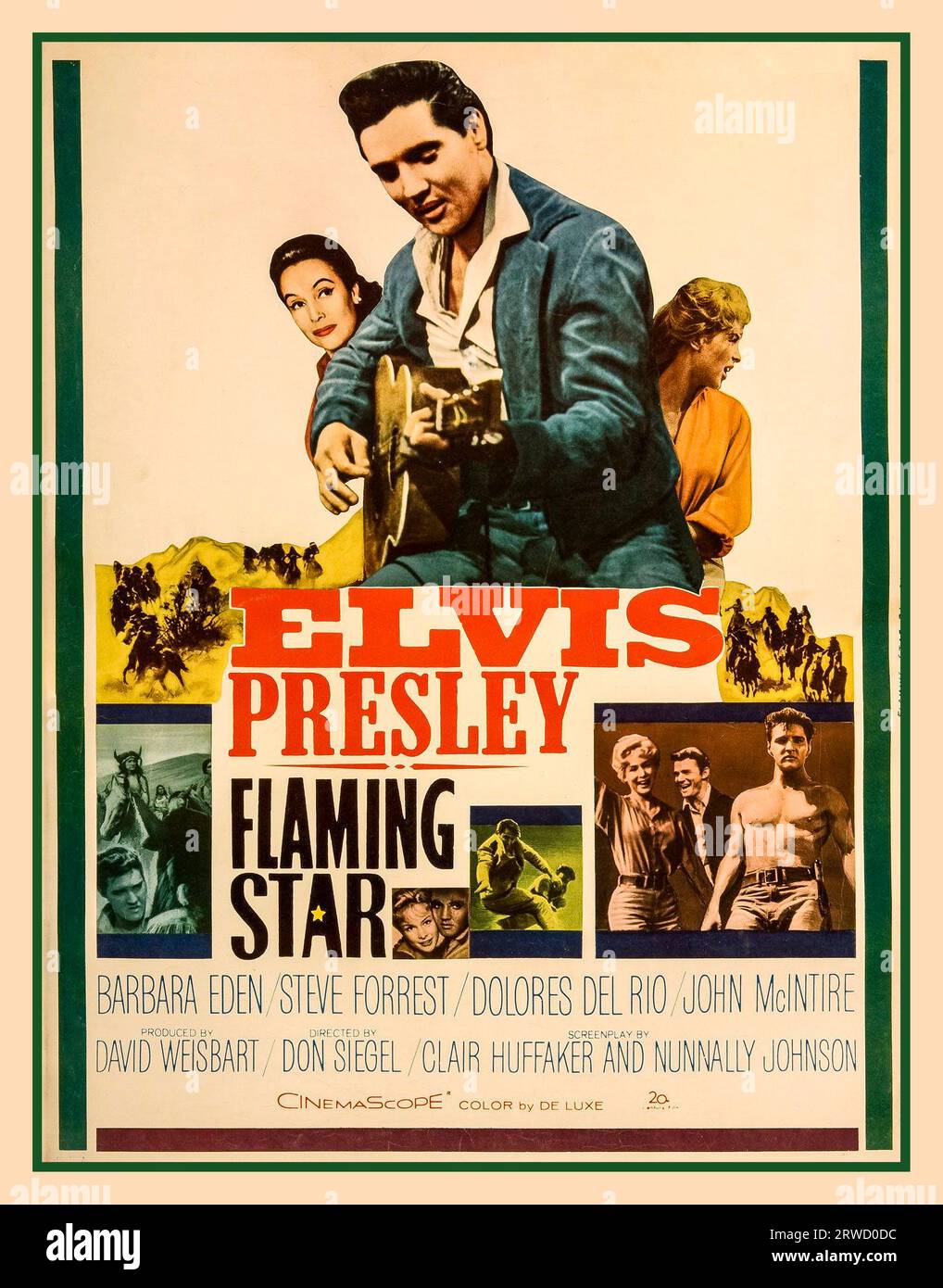 Flaming Star vintage film poster is a 1960 American Western film starring Elvis Presley, Barbara Eden, and Steve Forrest, based on the book Flaming Lance (1958) by Clair Huffaker. Critics agreed that Presley gave one of his better acting performances as the mixed-blood 'Pacer Burton', a dramatic role. The film was directed by Don Siegel and had a working title of Black Star. The film reached number 12 on the box-office charts. It was filmed in Utah and Los Angeles, Stock Photo
