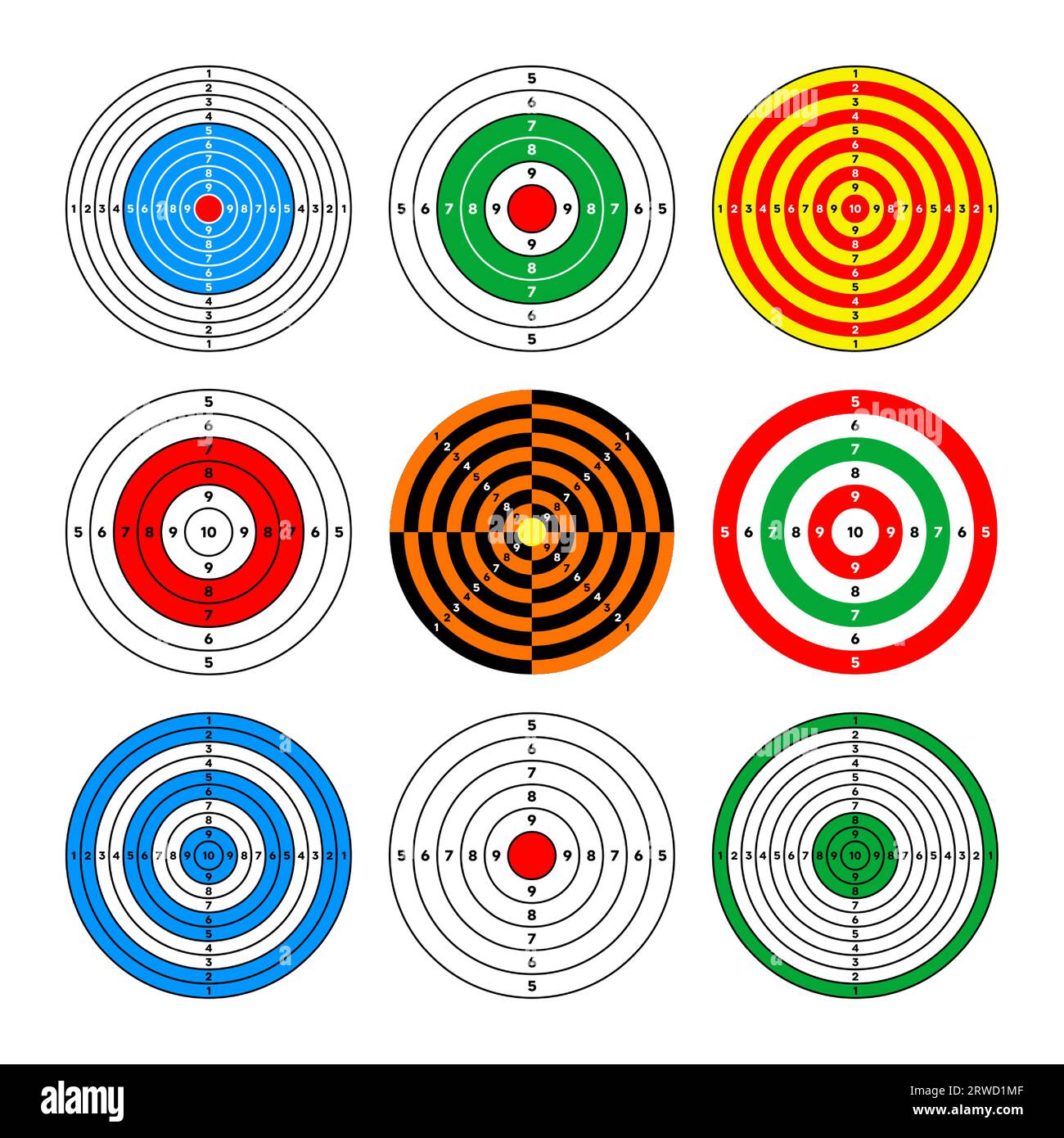 Shooting range paper targets. Round target with divisions, marks and numbers. Archery, gun shooting practise and training, sport competition and Stock Vector