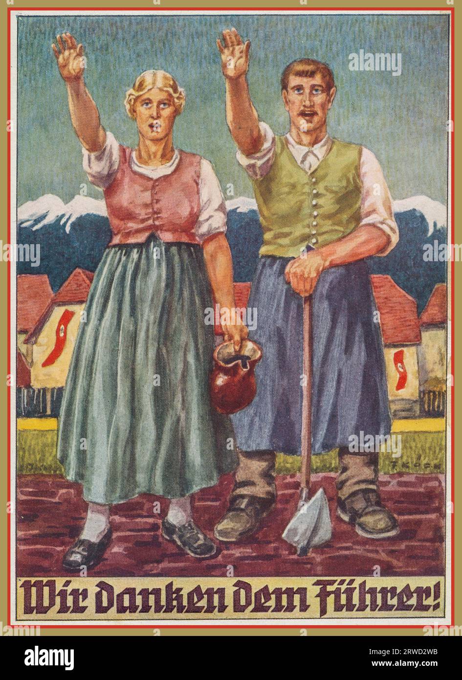 1930s Nazi Germany Propaganda Poster Card 'Wir dankendem Fuhrer' WE THANK YOU OUR FUHRER ! illustrating a couple in rural Nazi Germany giving the Heil Hitler salute to their leader Fuhrer Adolf Hitler. Swastika banners in background 1930s Nazi Germany Stock Photo