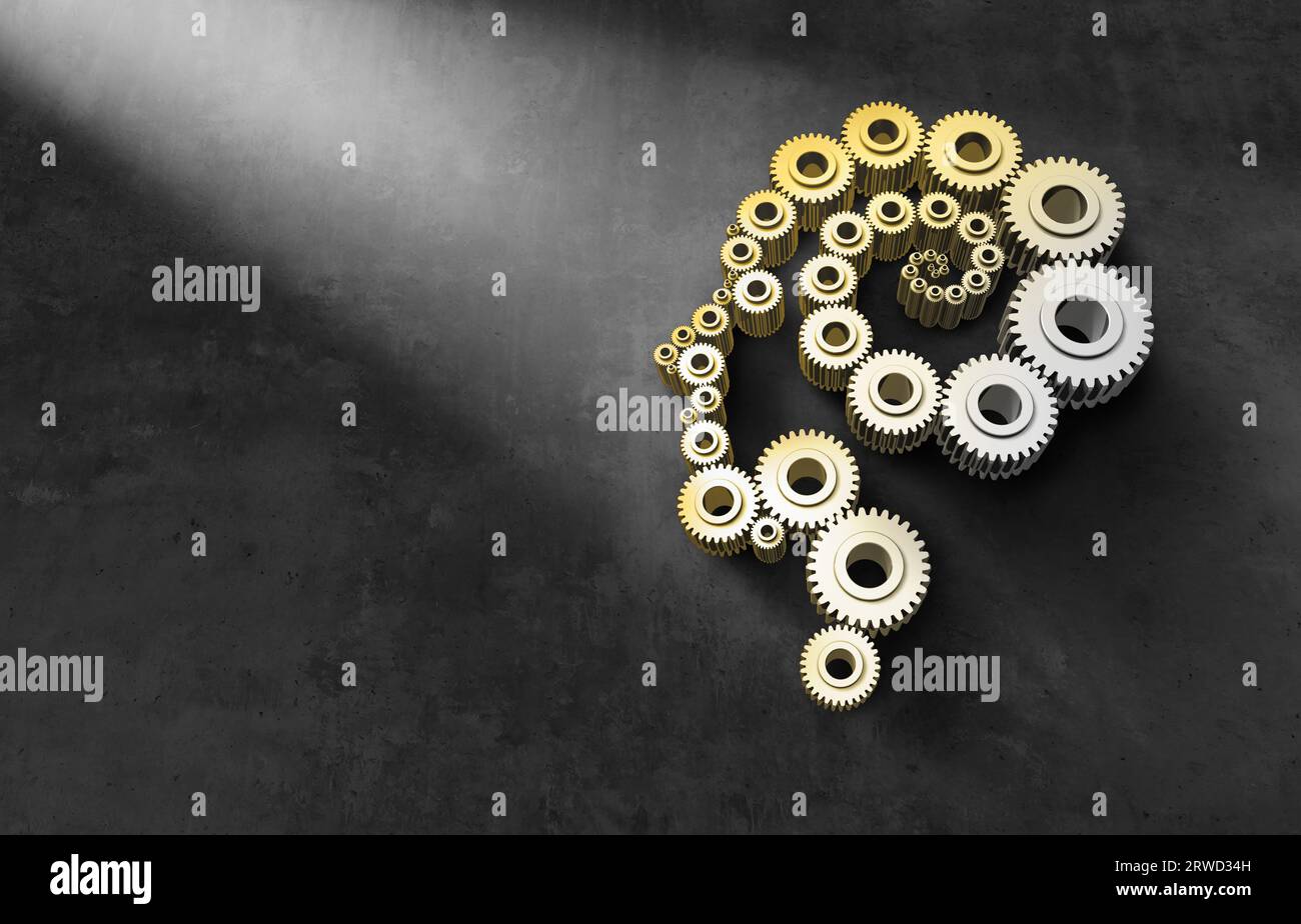 Human Engineering and intelligence as gears and cogs connected together in the shape of a head profile as a chain working in a team for creative succe Stock Photo