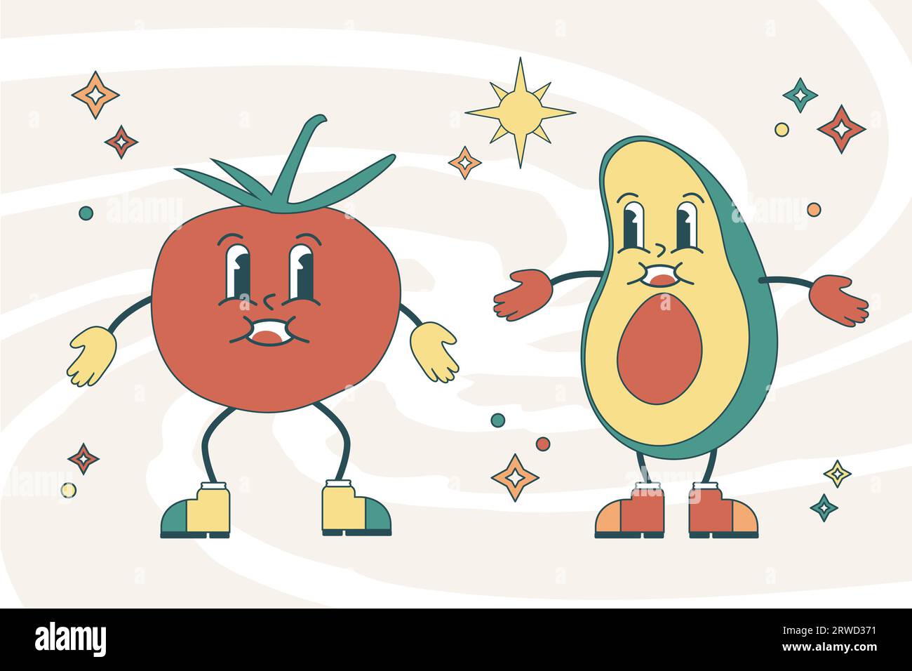 Groovy Cute Illustration of Tomato and Avocado Characters Stock Vector