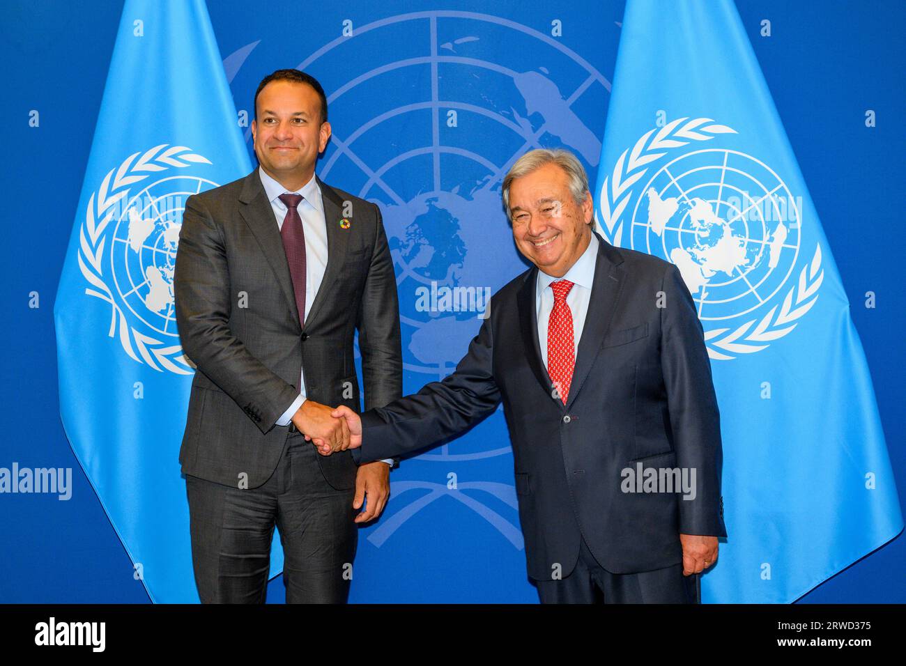New York, USA. 18th Sep, 2023. United Nations Secretary-General António Guterres (R) shakes hands with Leo Varadkar, Taoiseach of Ireland, at the UN headquarters. Credit: Enrique Shore/Alamy Live News Stock Photo