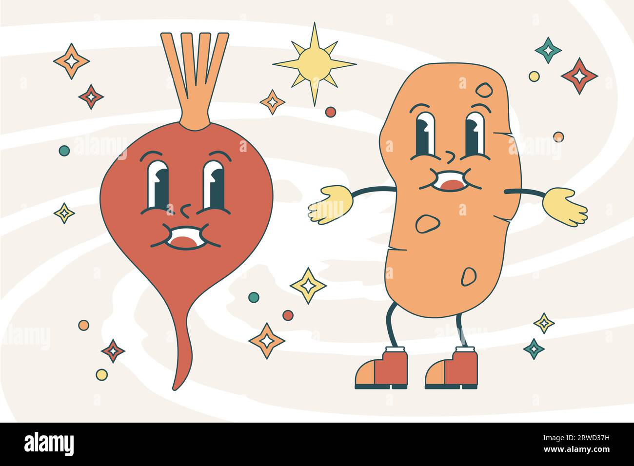 Groovy Cute Illustration of Beetroot and Potato Characters Stock Vector