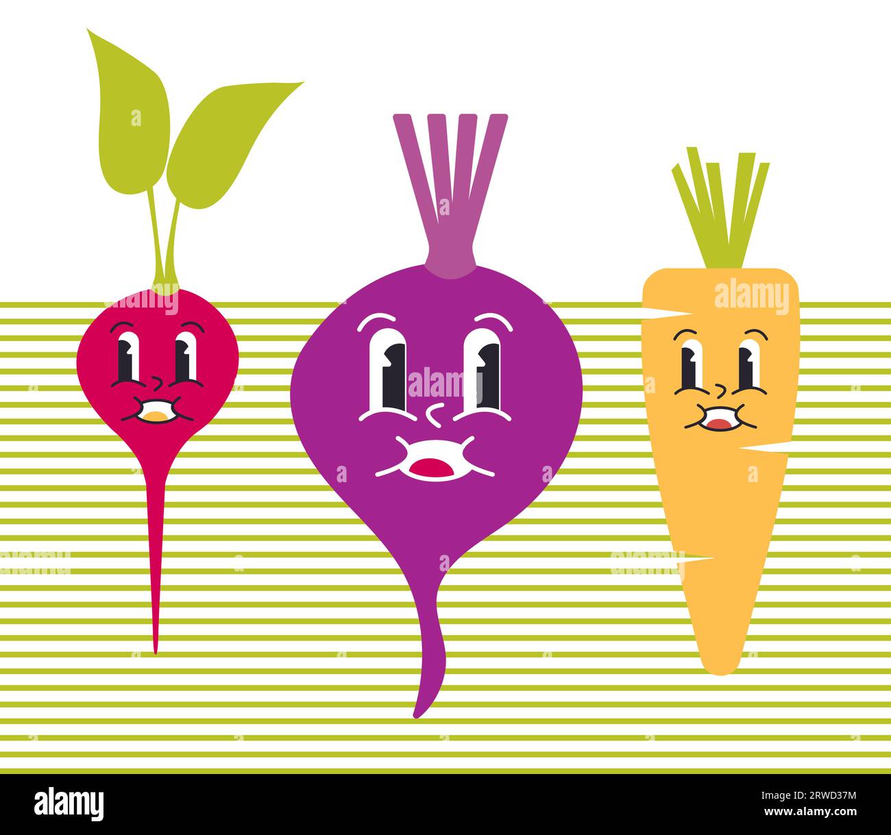 Groovy Cute Vegetable Set of Radish, Beetroot, Carrot Characters Isolated Stock Vector