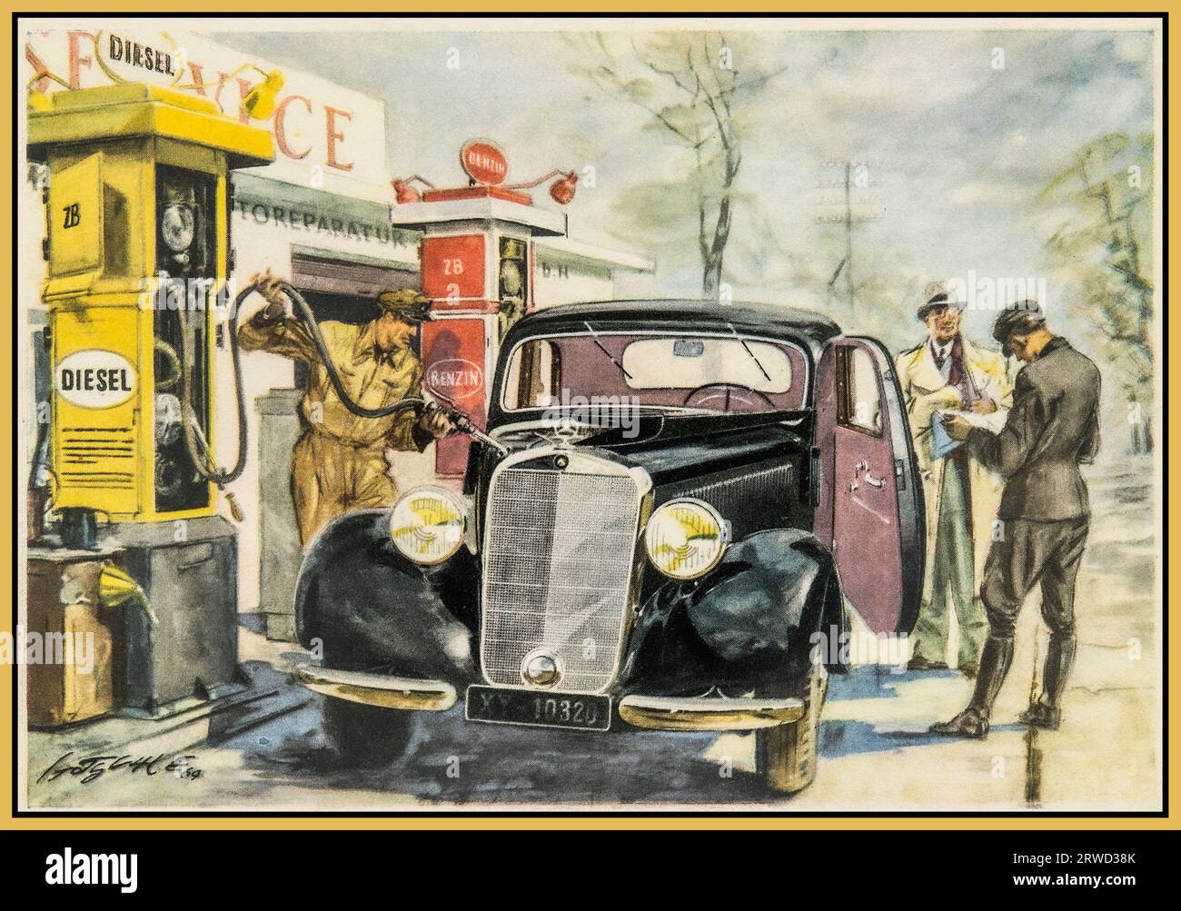 1930s Germany illustration with black diesel Mercedes motor car saloon being filled with Diesel fuel, whilst driver and passenger stand by car on ZB forecourt and wait Germany Stock Photo