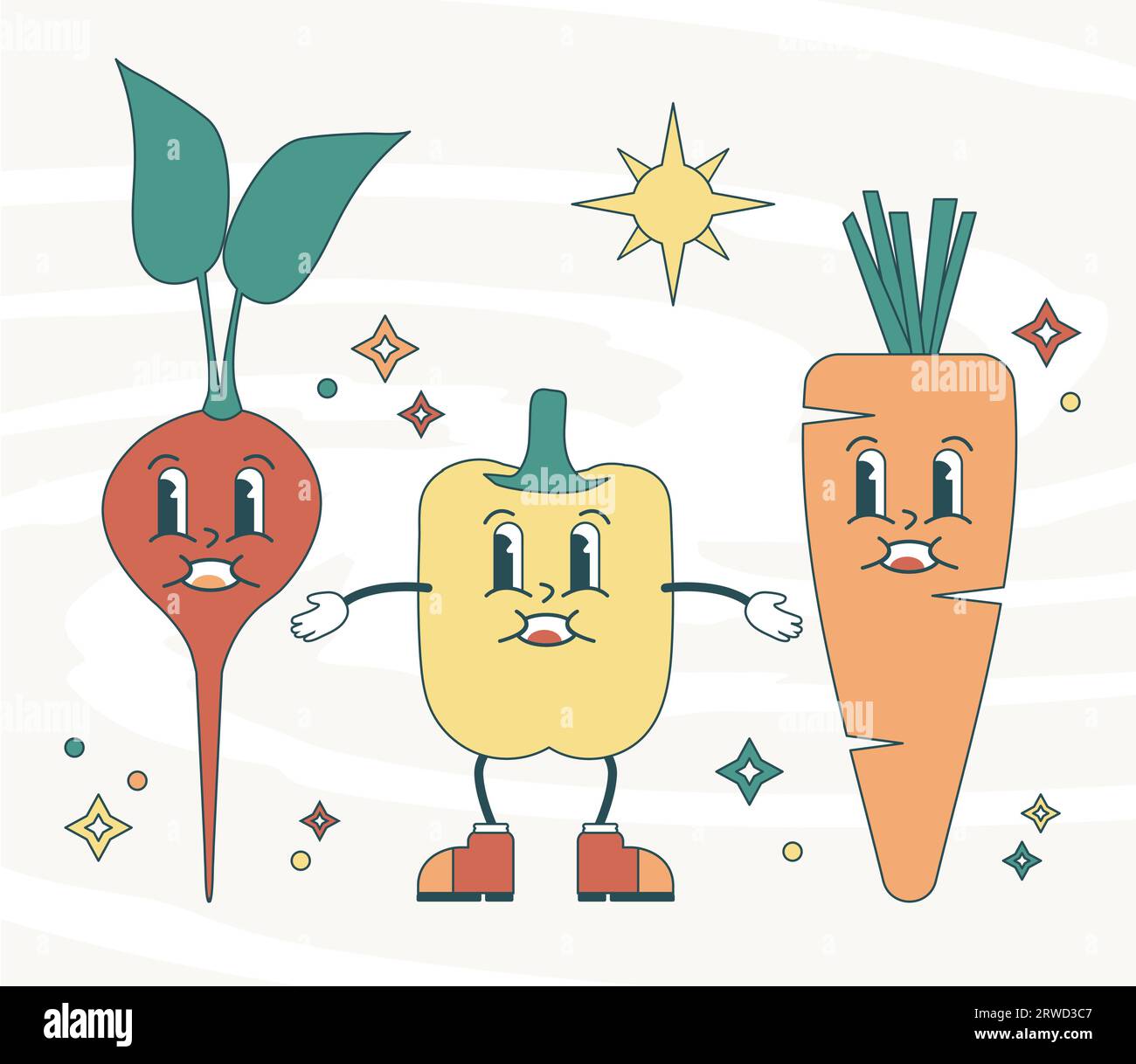 Groovy Cute Illustration of Radish, Paprika and Carrot Characters Stock Vector