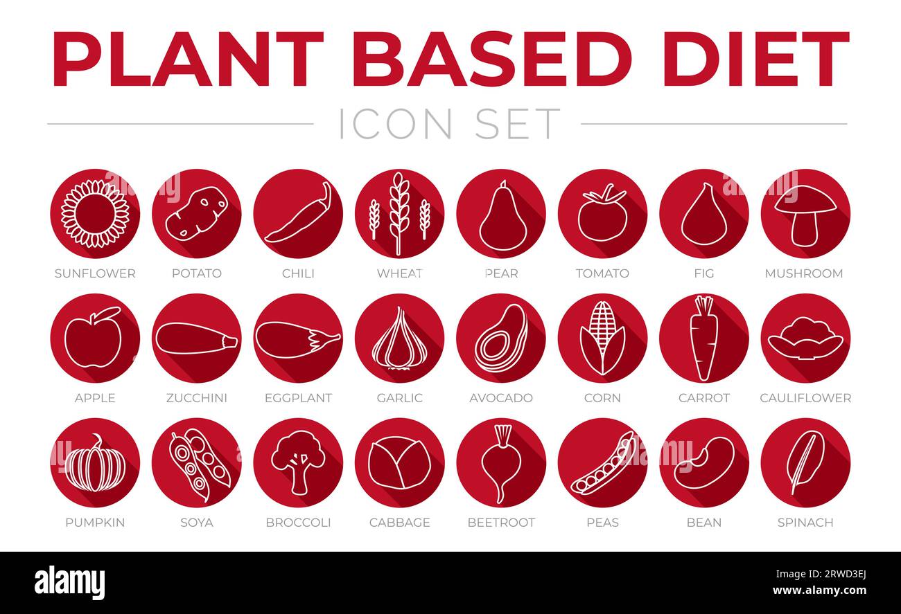 Flat Outline Plant Based Diet Round Red Icon Set of Sunflower, Potato, Chilli, Wheat, Pear, Tomato, Fig, Mushroom, Apple, Zucchini, Eggplant, Garlic, Stock Vector