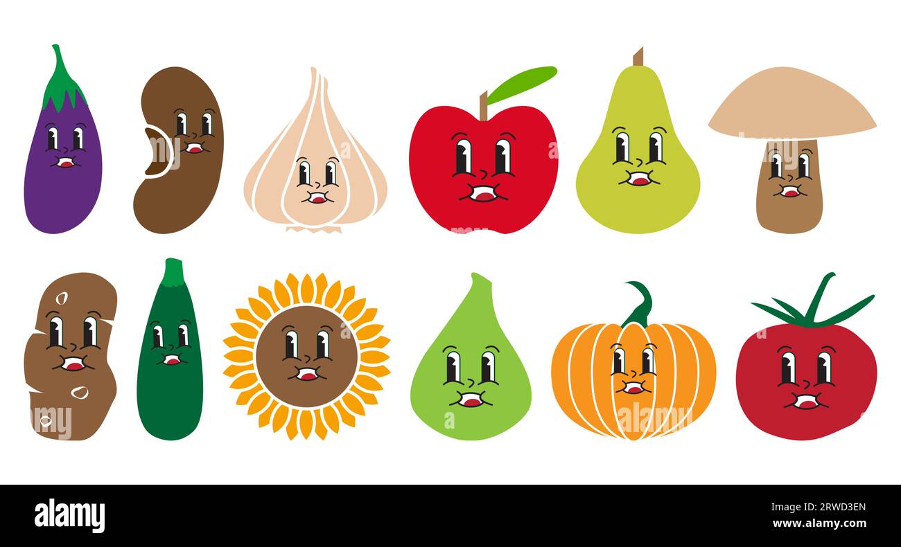 Groovy Cute Vegetable and Fruit Set of Eggplant, Bean, Garlic, Apple
