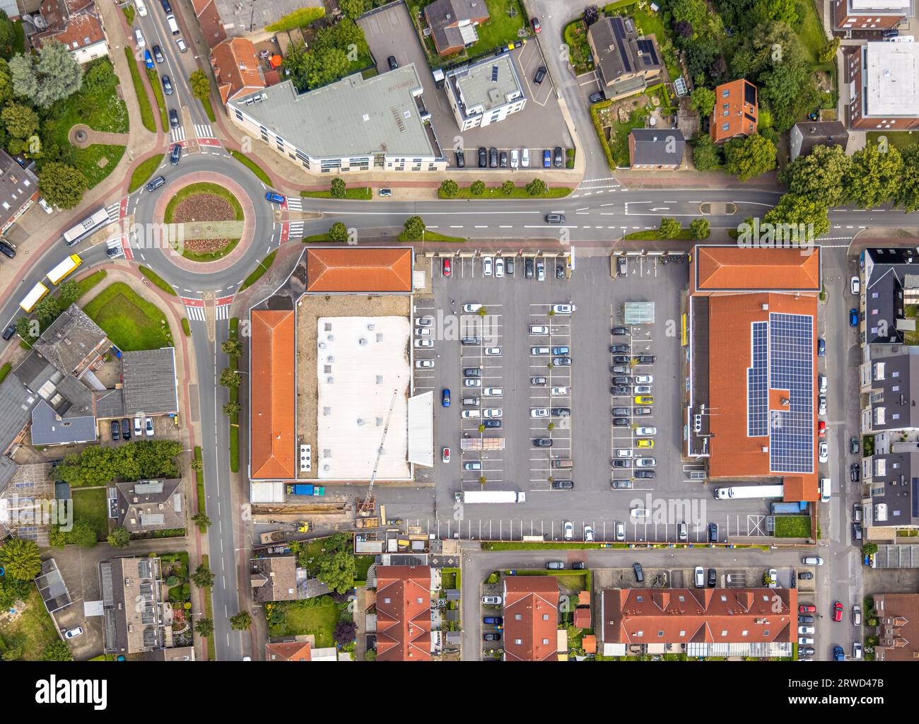 Aerial view, uftbild, shopping center with Lidl and Rewe supermarket