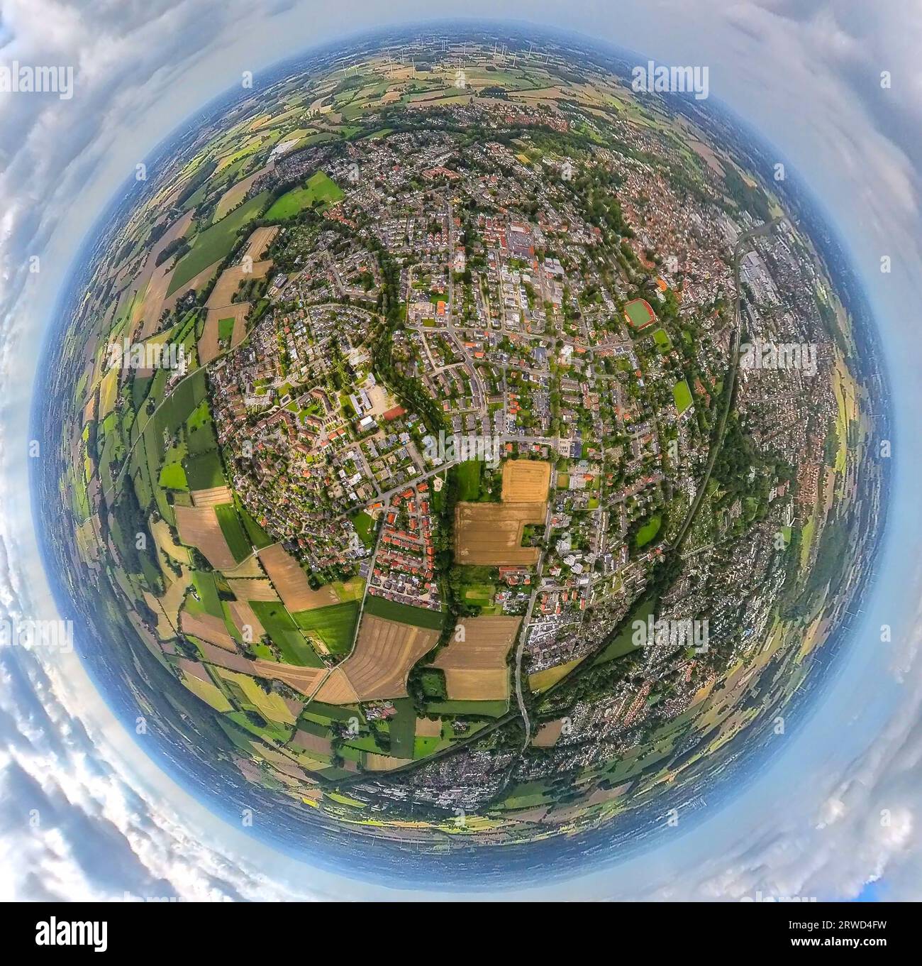 Aerial view, Werse valley, river Werse and green trees, globe, fisheye shot, 360 degree shot, tiny world, Ahlen, Ruhr area, North Rhine-Westphalia, Ge Stock Photo