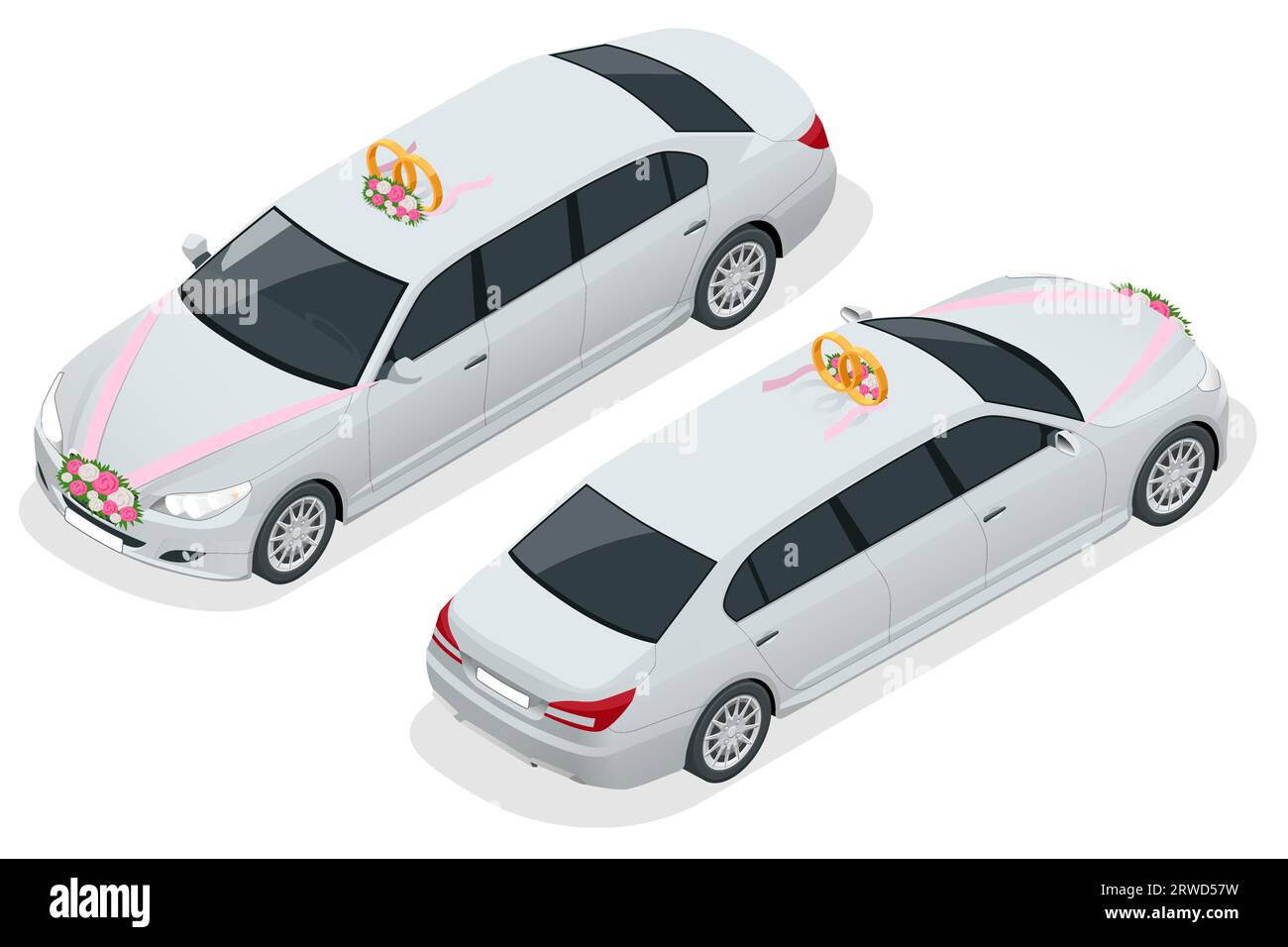 Wedding car decoration. Isometric limousine in wedding day. Stock Vector