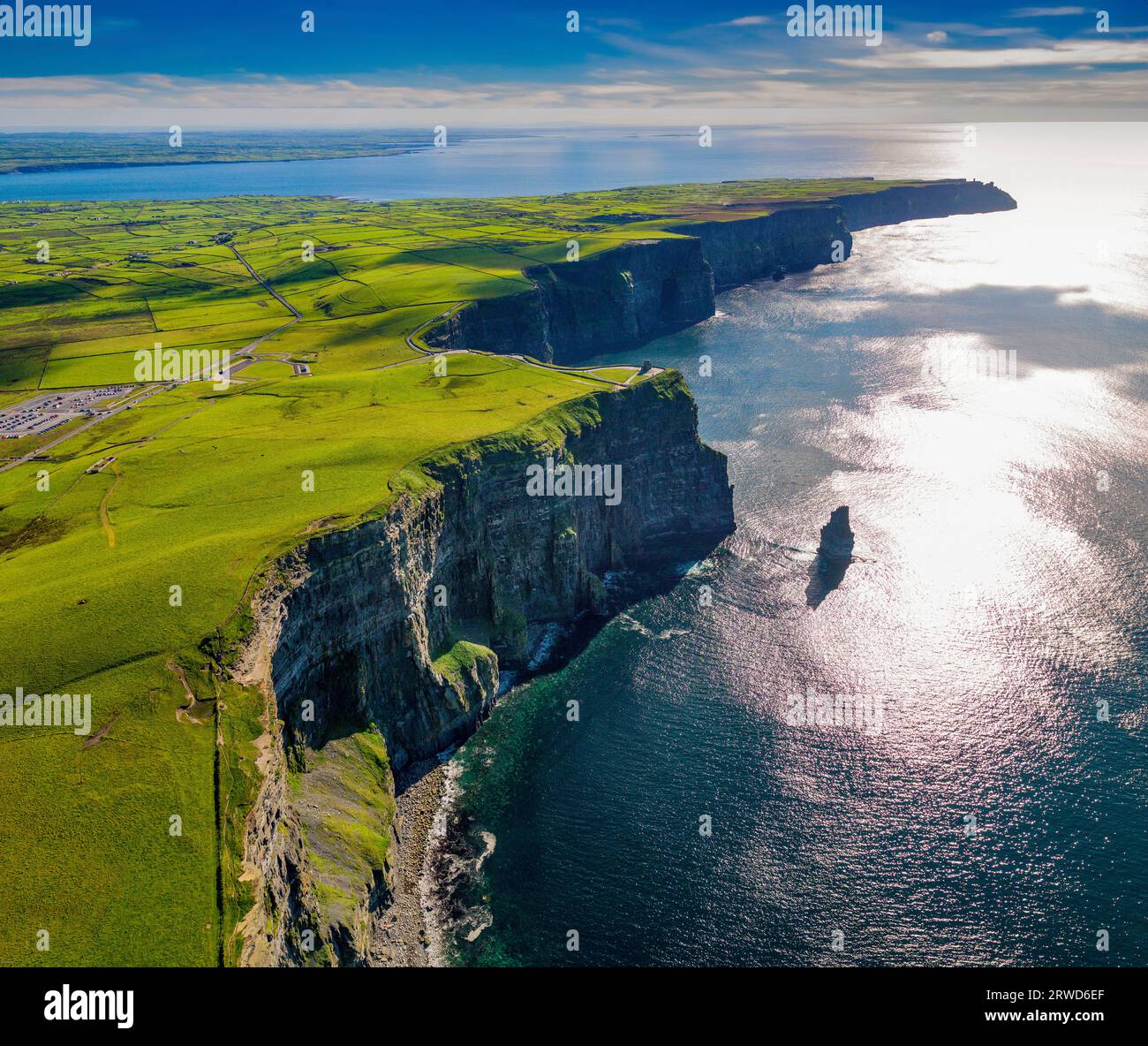 Aerial view of the Cliffs of Moher looking south towards Lahinch, County Clare, Ireland Stock Photo