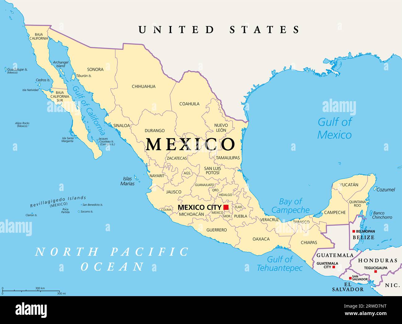 States of Mexico, political map. The United Mexican States, a country in the southern portion of North America. Federal republic. Stock Photo