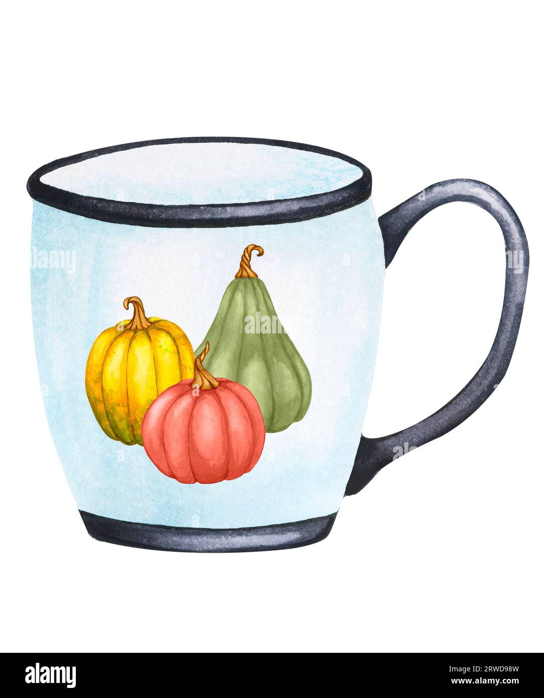 Beautiful cup. Hot drink. Autumn decor, autumn mood, cozy home. Watercolor element for the design of cards, invitations, posters, stationery. Harvest Stock Photo