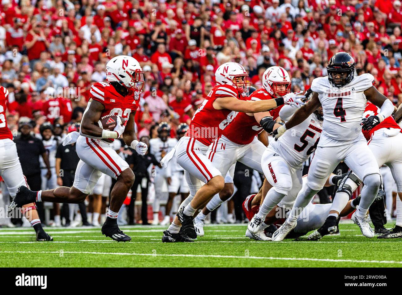 Lincoln, NE, USA. 16th Sep, 2023. NE. U.S. Nebraska Cornhuskers running back Gabe Ervin Jr. (22) runs to the right side in action during a NCAA Division 1 football game between Northern Illinois Huskies and the Nebraska Cornhuskers at Memorial Stadium in Lincoln, NE.Nebraska won 35-11.Attendance: 86,875.390th consecutive sellout.Michael Spomer/Cal Sport Media/Alamy Live News Stock Photo